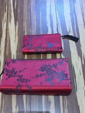 Red Floral Satin Clutch and Small Pouch Set